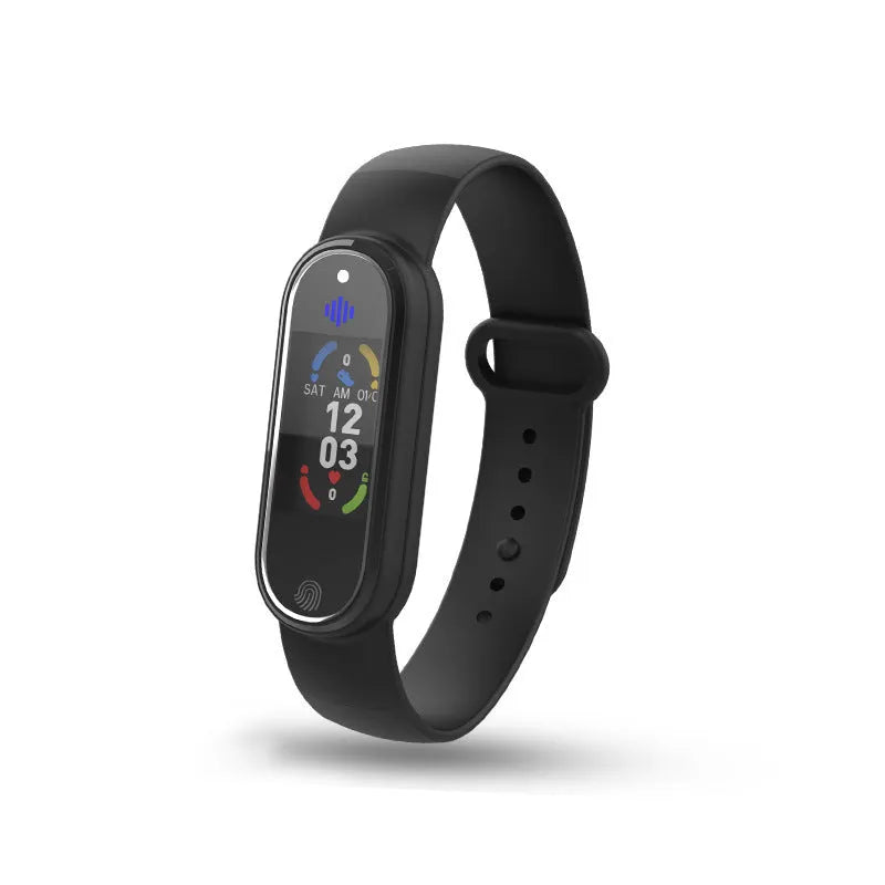 Black and white electronic ultrasonic mosquito repellent bracelet on a wrist.