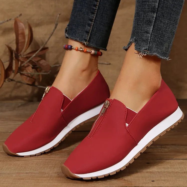 Women's zip flats loafers in red, black or dark blue with round toe and low heel