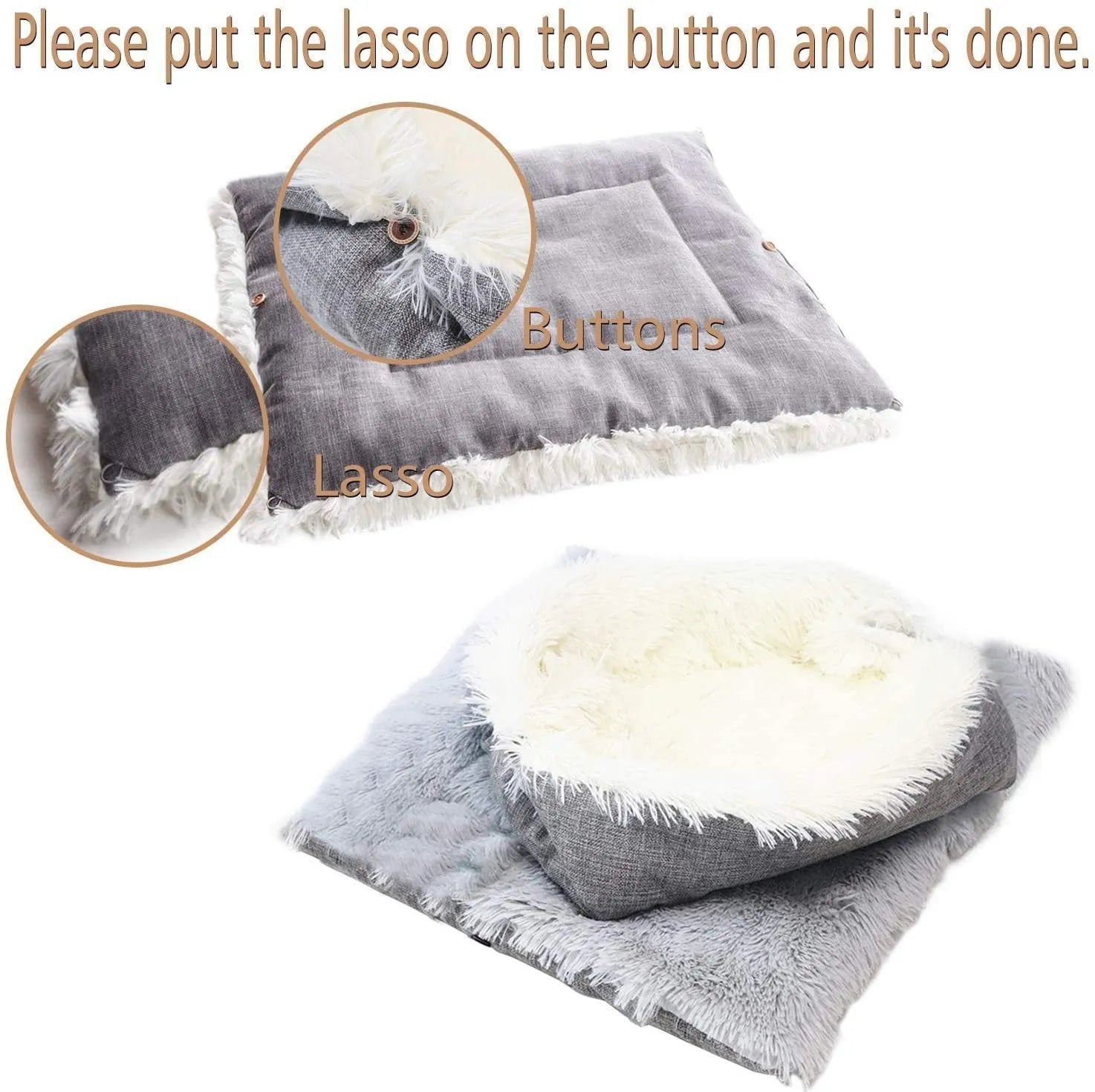 Grey double layer pet blanket nest with fluffy plush top and black non-slip bottom.
