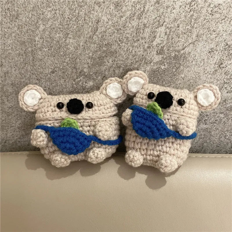 Handmade knitted koala bear backpack cover for AirPods protection with embroidered features