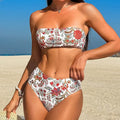 Women's printed bandeau swimsuit set with triangle top and adjustable tie sides for swimming