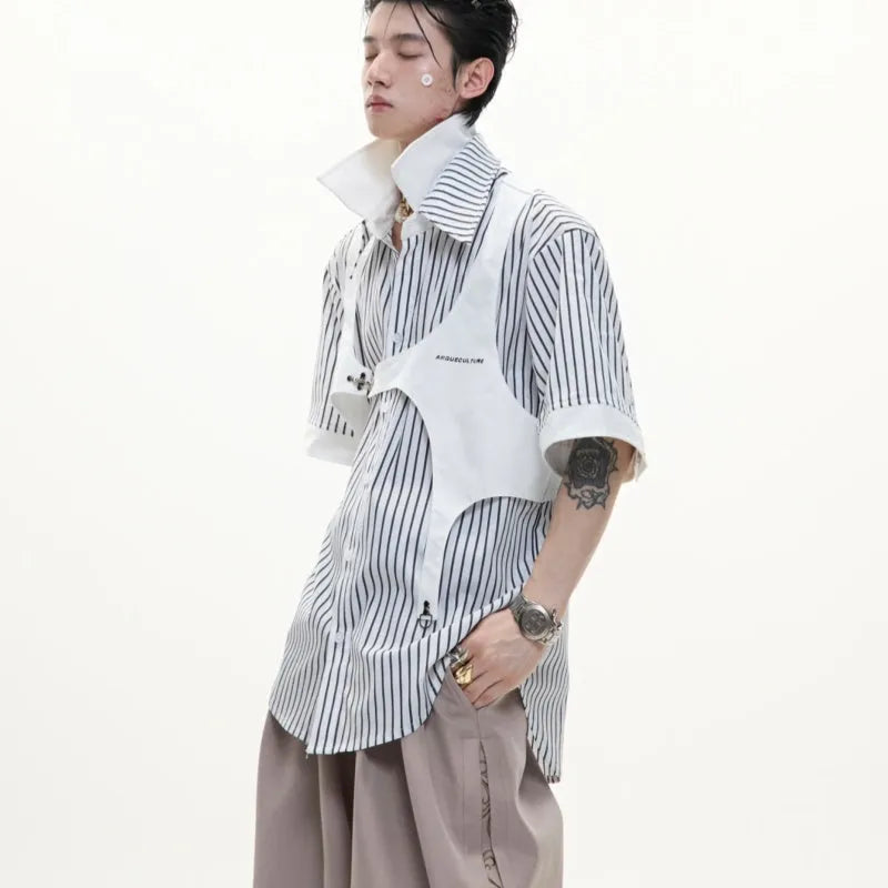 Men's black and white striped cotton shirt with double collar design and short sleeves, shown in loose fit