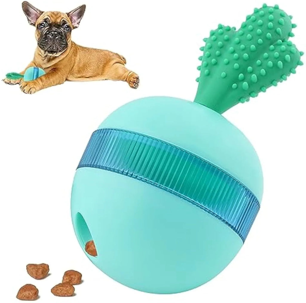 Blue interactive dog treat dispensing toy with tumbler design, measuring 8.8cm by 8.5cm by 16.5cm