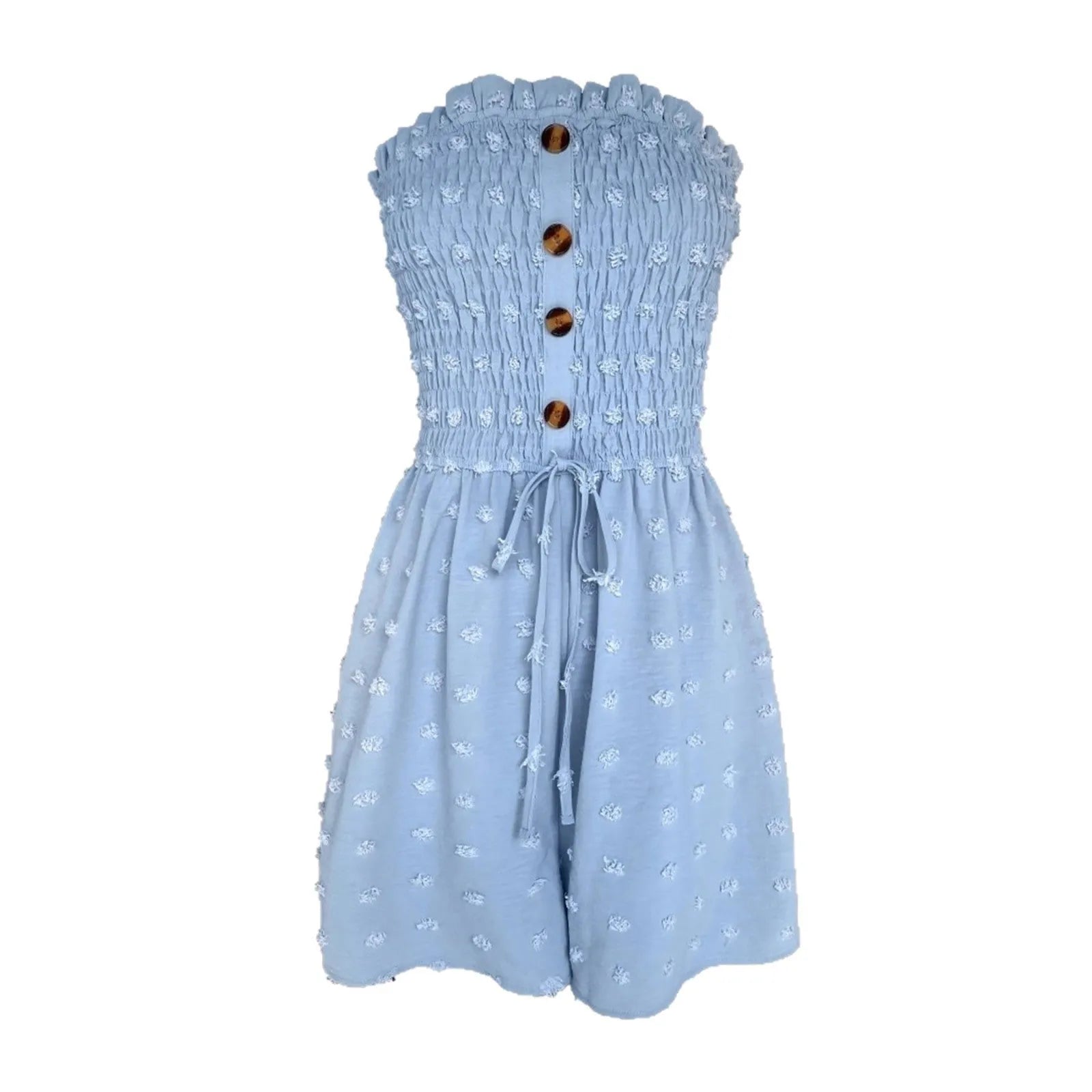 Women's blue off-shoulder sleeveless jumpsuit with button detail and mid-waist design on mannequin
