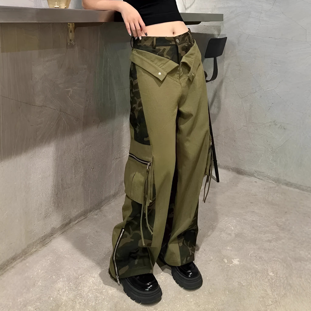 Dark khaki leopard print high waist straight leg jeans with contrast colour stitching on a mannequin.