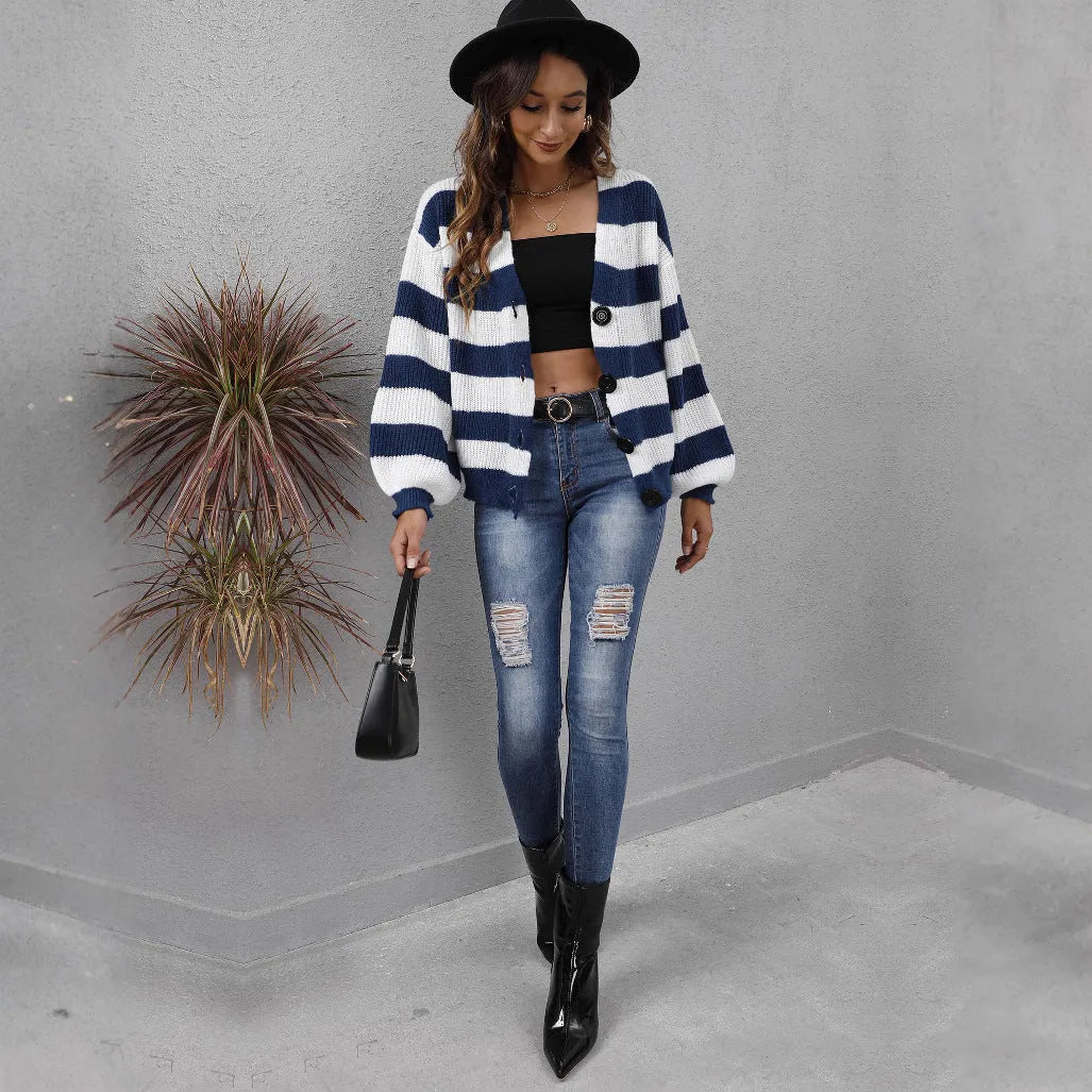Women's striped cardigan sweater in deer plush fabric with button stitching, available in multiple colours and sizes.