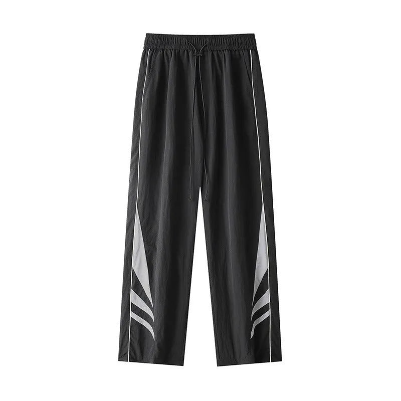 Straight-leg cotton blend trousers in black or grey with button fly and mid-waist design