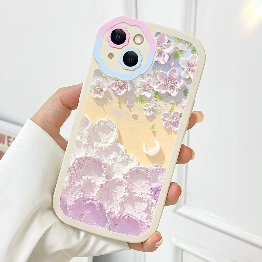 Oil painting flower silicone phone case for iPhone 13 12 11 in Moon Flower Pink Purple Verdant Clouds