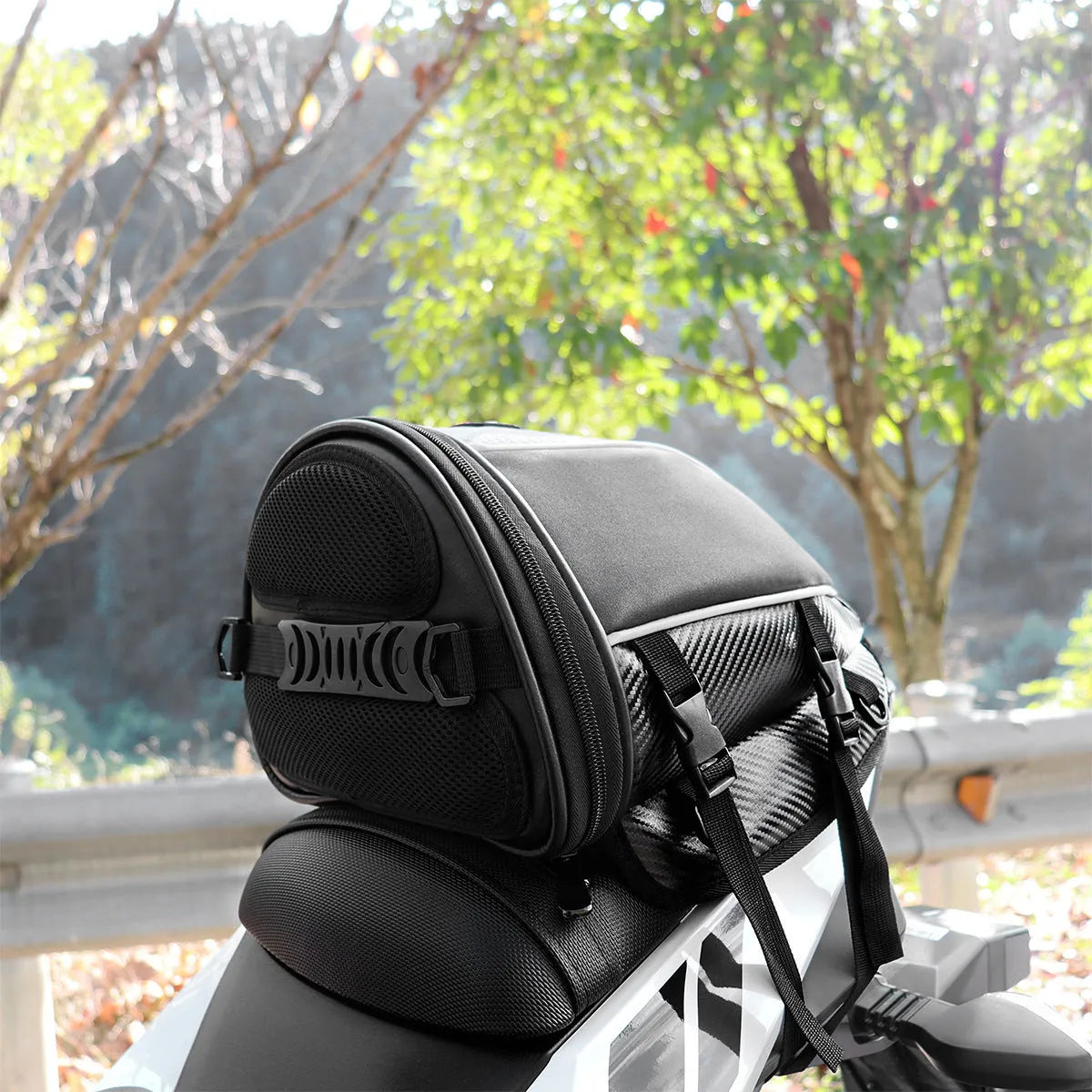 Black waterproof motorcycle tail seat bag with reflective strip and shoulder strap