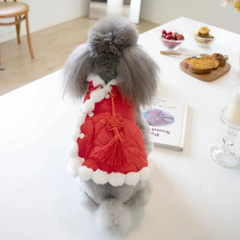 Red Chinese-style pet clothing with thick fur collar for dogs and cats in festive New Year outfit
