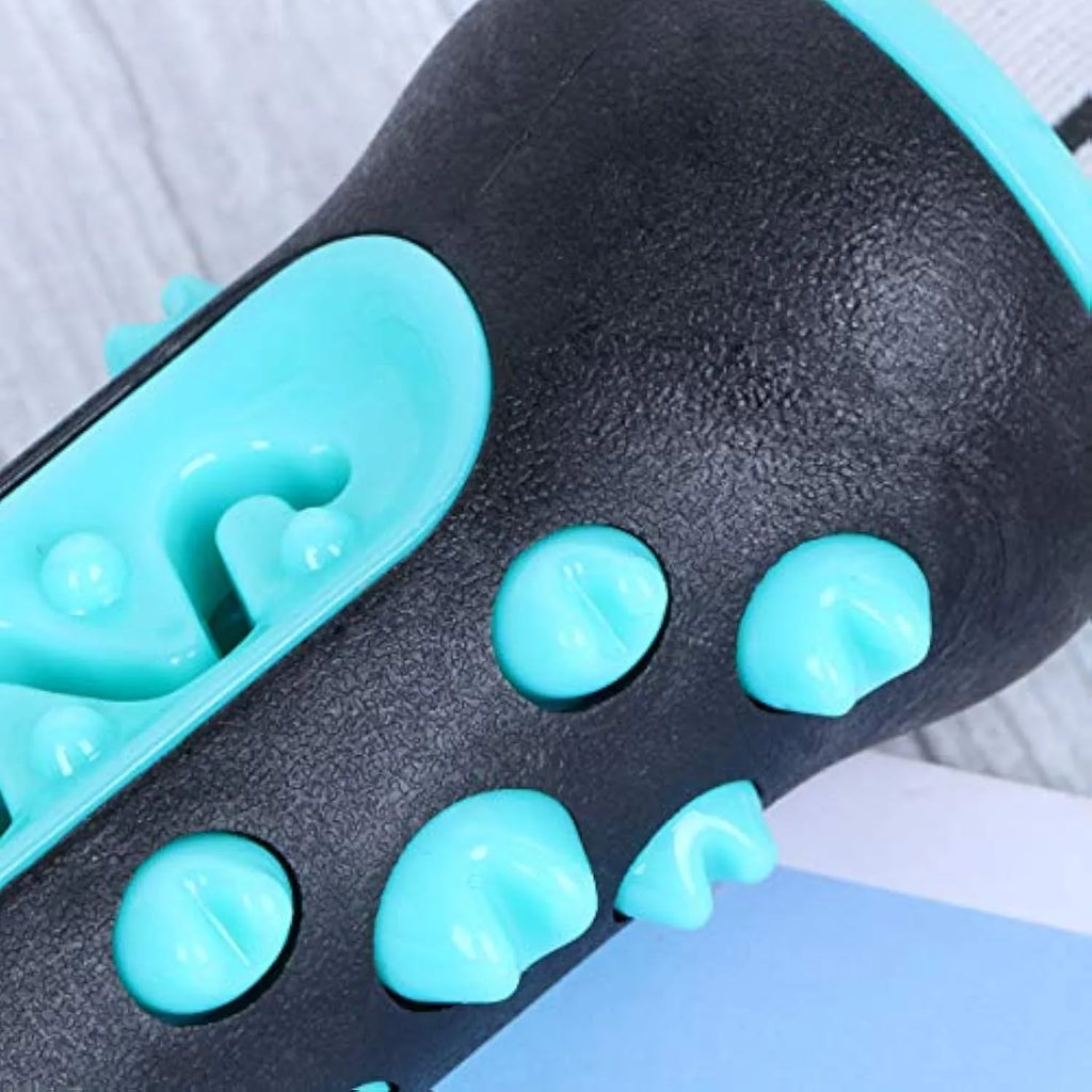 Natural rubber dog toothbrush chew toy in blue colour, measuring 15cm long, for dental cleaning and boredom reduction