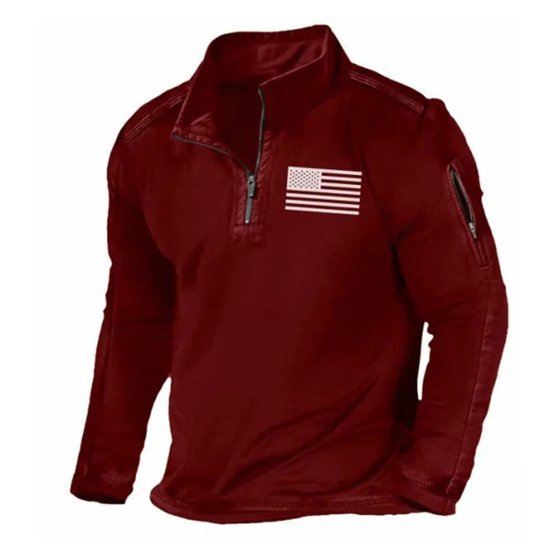 Men's grey zipped collar long-sleeved polyester sweater laid flat showing stand collar and pullover design