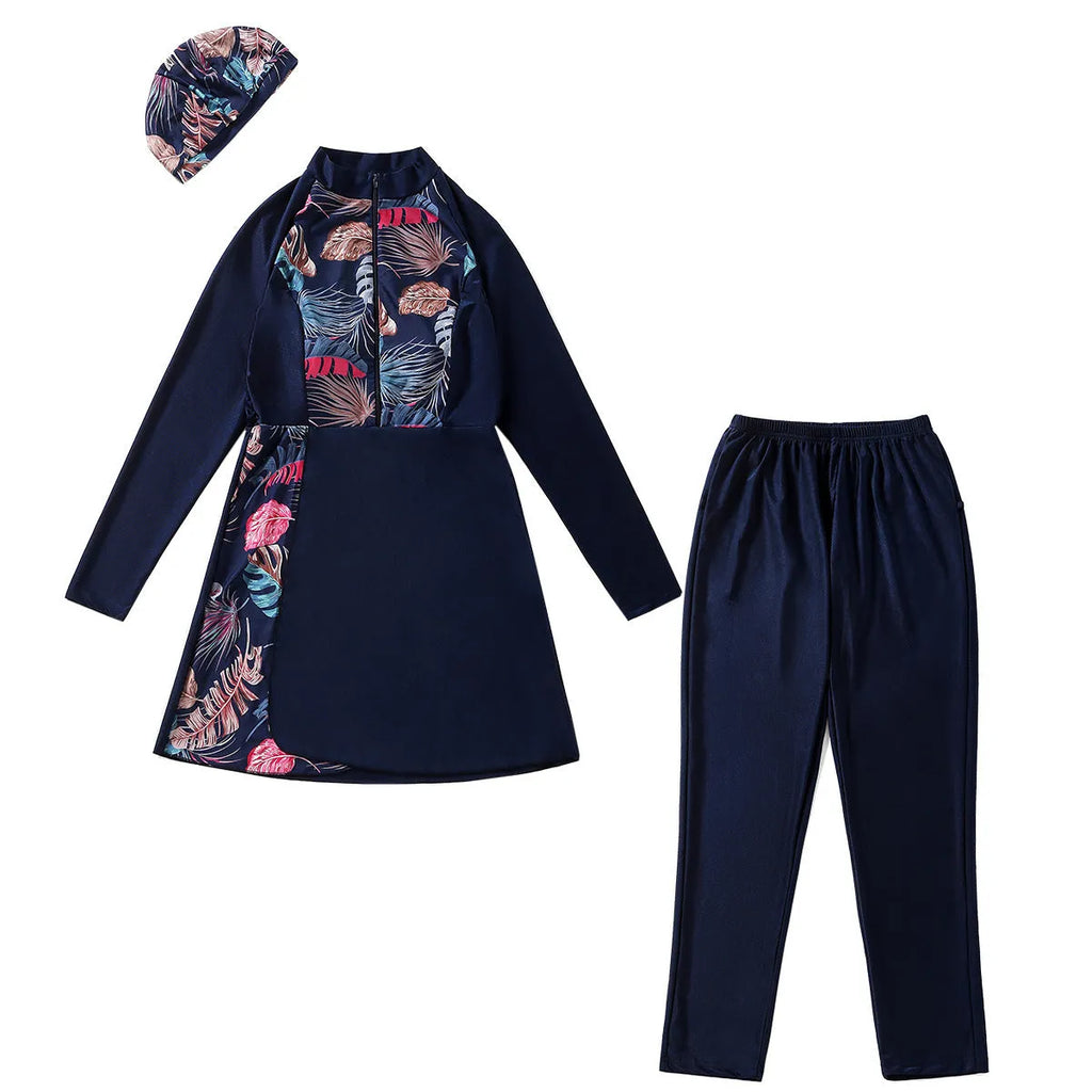 Women's three-piece conservative swimwear set in nylon with swimming cap, top and pants, black dark blue or grey, S to XXXL.