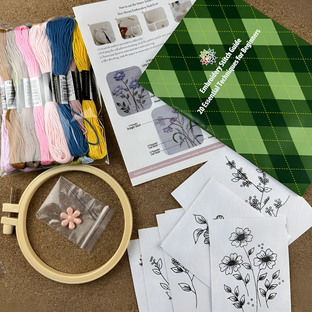 Nordic style embroidery kit with pre-printed design on water-soluble non-woven fabric for beginners