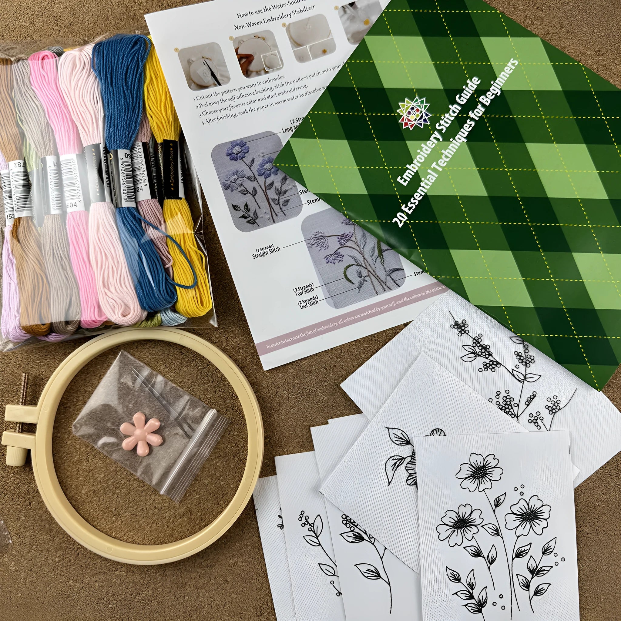 Nordic style embroidery kit with pre-printed design on water-soluble non-woven fabric for beginners