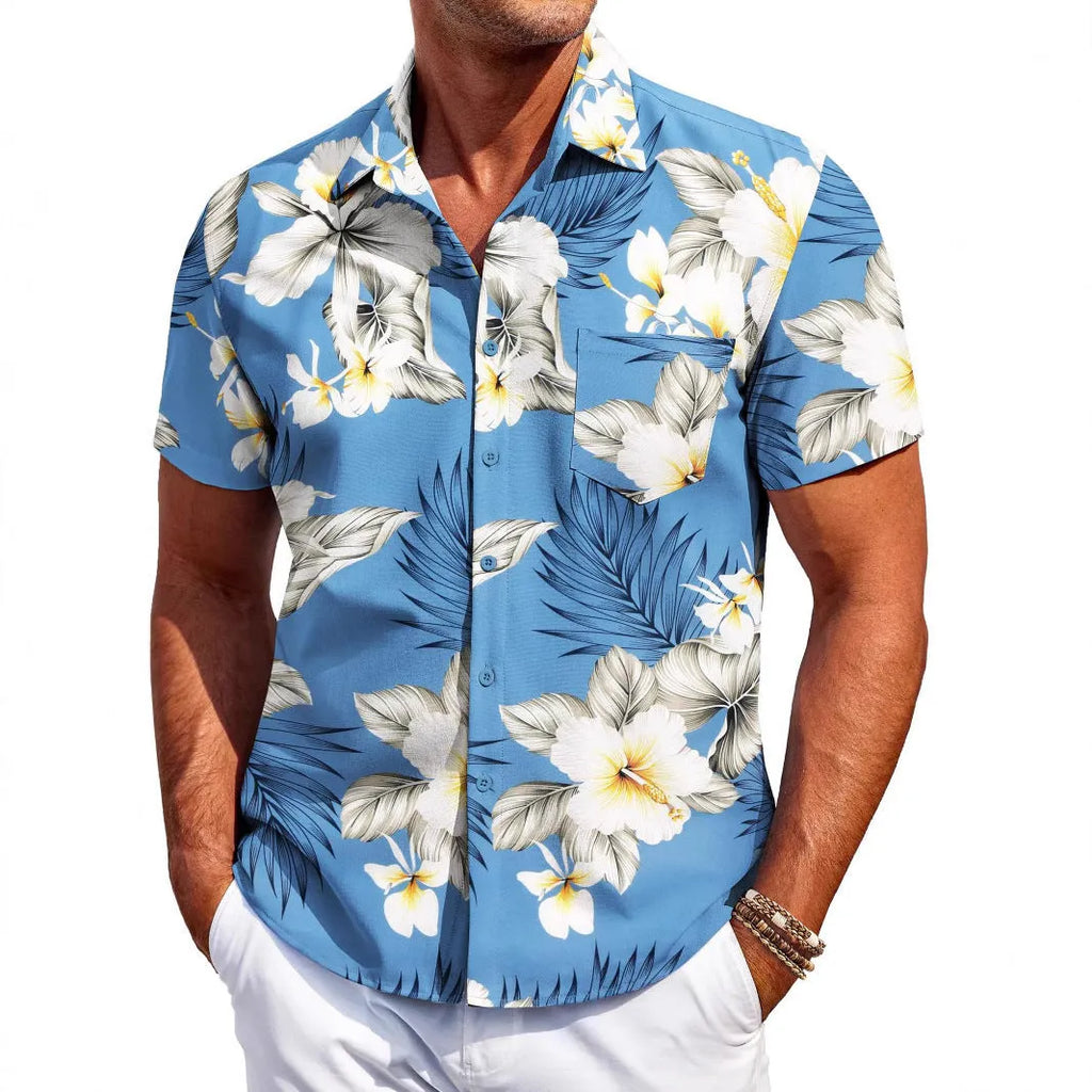 Men's slim fit short sleeve cardigan shirt in elastic polyester, sizes S-6XL, summer daily wear