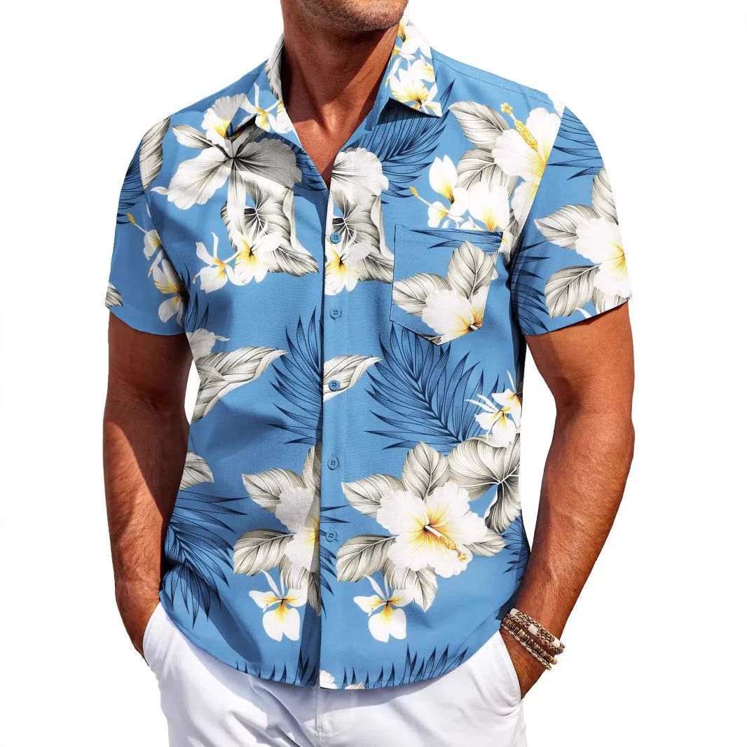 Men's slim fit short sleeve cardigan shirt in elastic polyester, sizes S-6XL, summer daily wear