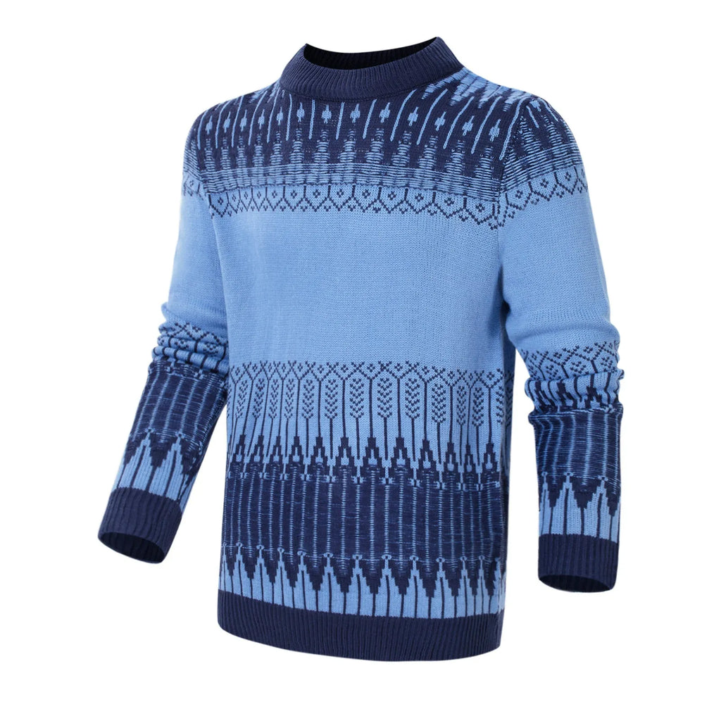 Men's grey knitted pullover sweater with ribbed crew neck and cuffs on a hanger.