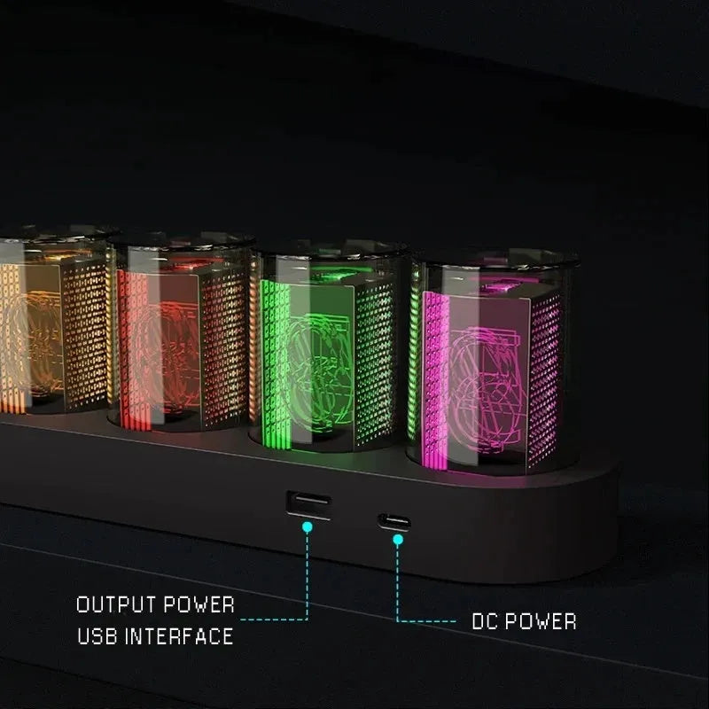 RGB LED digital tube clock showing colourful time display on a desk.
