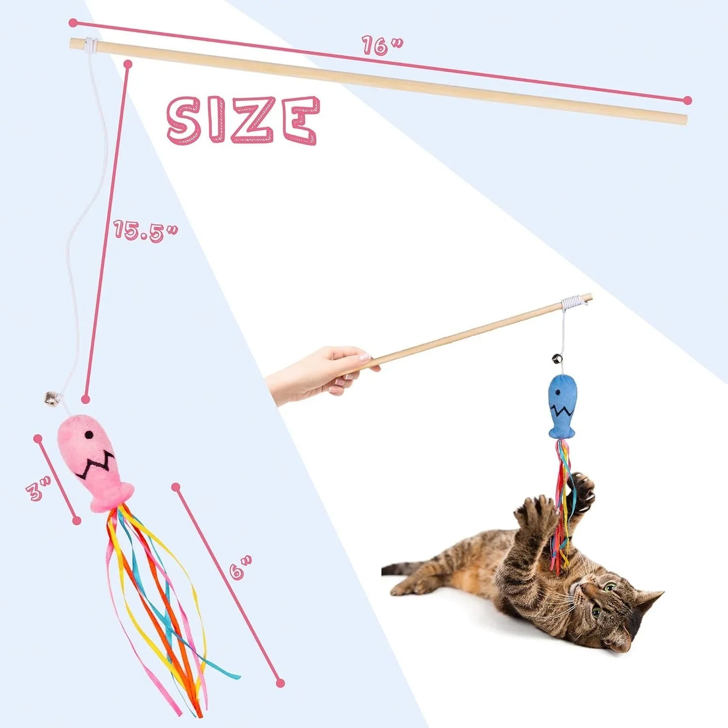Cat wand toy with wooden handle, colourful ribbons, catnip attachment, and bell for interactive feline play