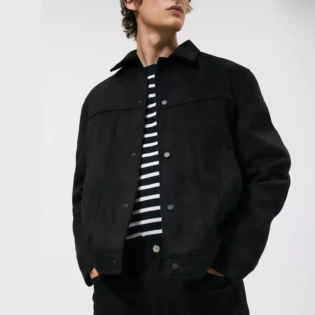 Men's black hooded jacket with suede collar, side pockets, and regular fit