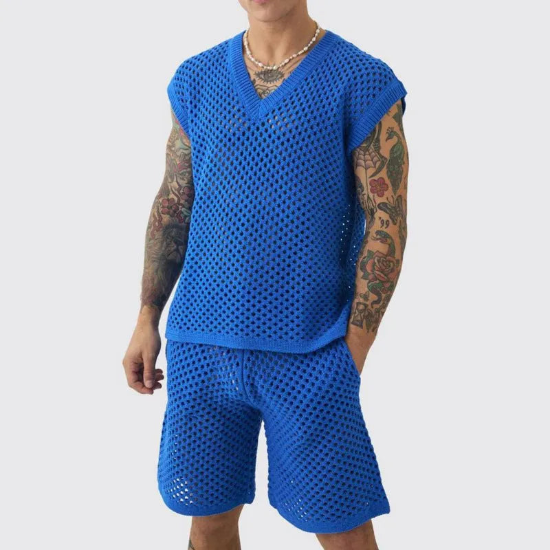 Men's blue V-neck sleeveless vest and matching shorts sports set laid flat.