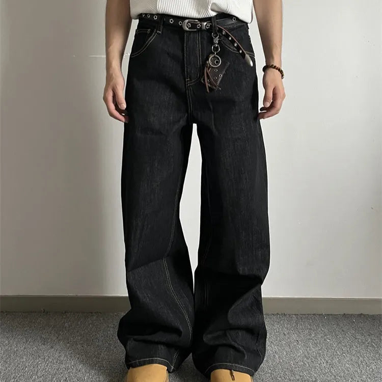 Black retro wide-leg jeans with straight-leg cut and mid waist, featuring zip placket closure