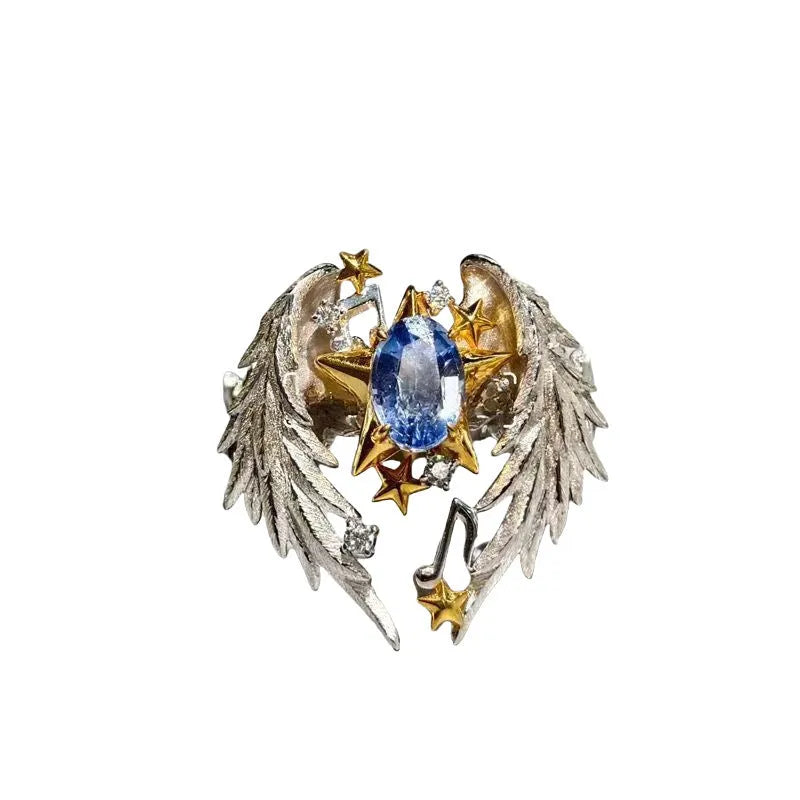 Adjustable geometric angel wings ring with open mouth design in alloy metal