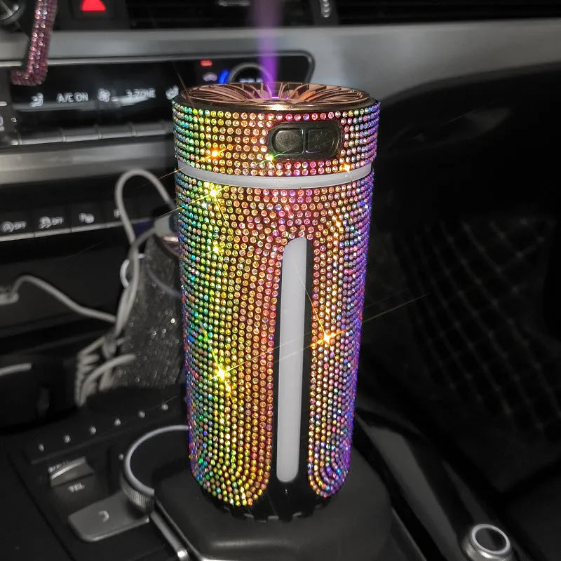 Compact diamond pattern car humidifier with colourful LED lights and USB cable for vehicle or desktop use