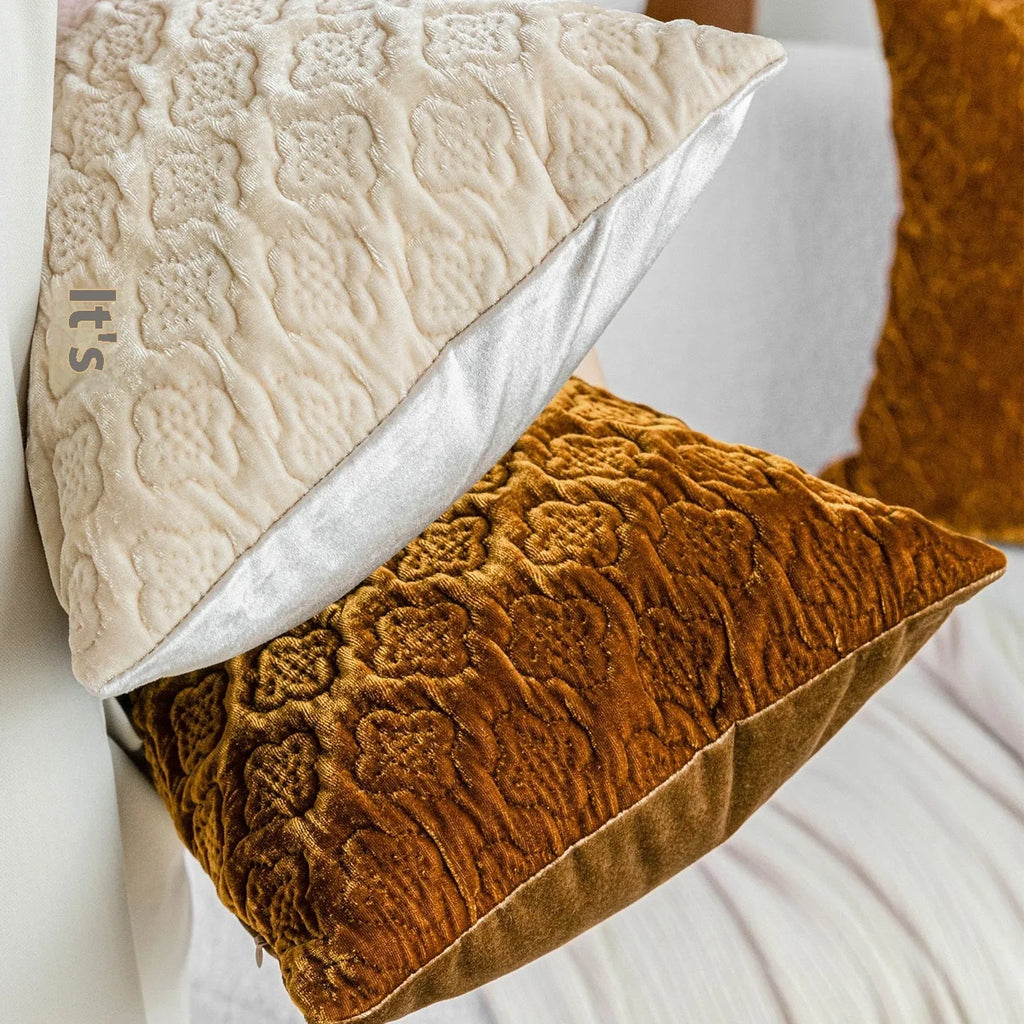 Brown gold antique Chinese-style cushion with three-dimensional quilted pattern on plum cotton fabric