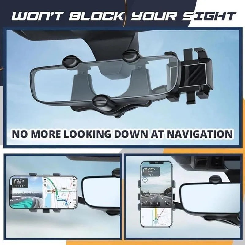 Black rearview mirror phone holder mounted on car mirror with phone in landscape orientation