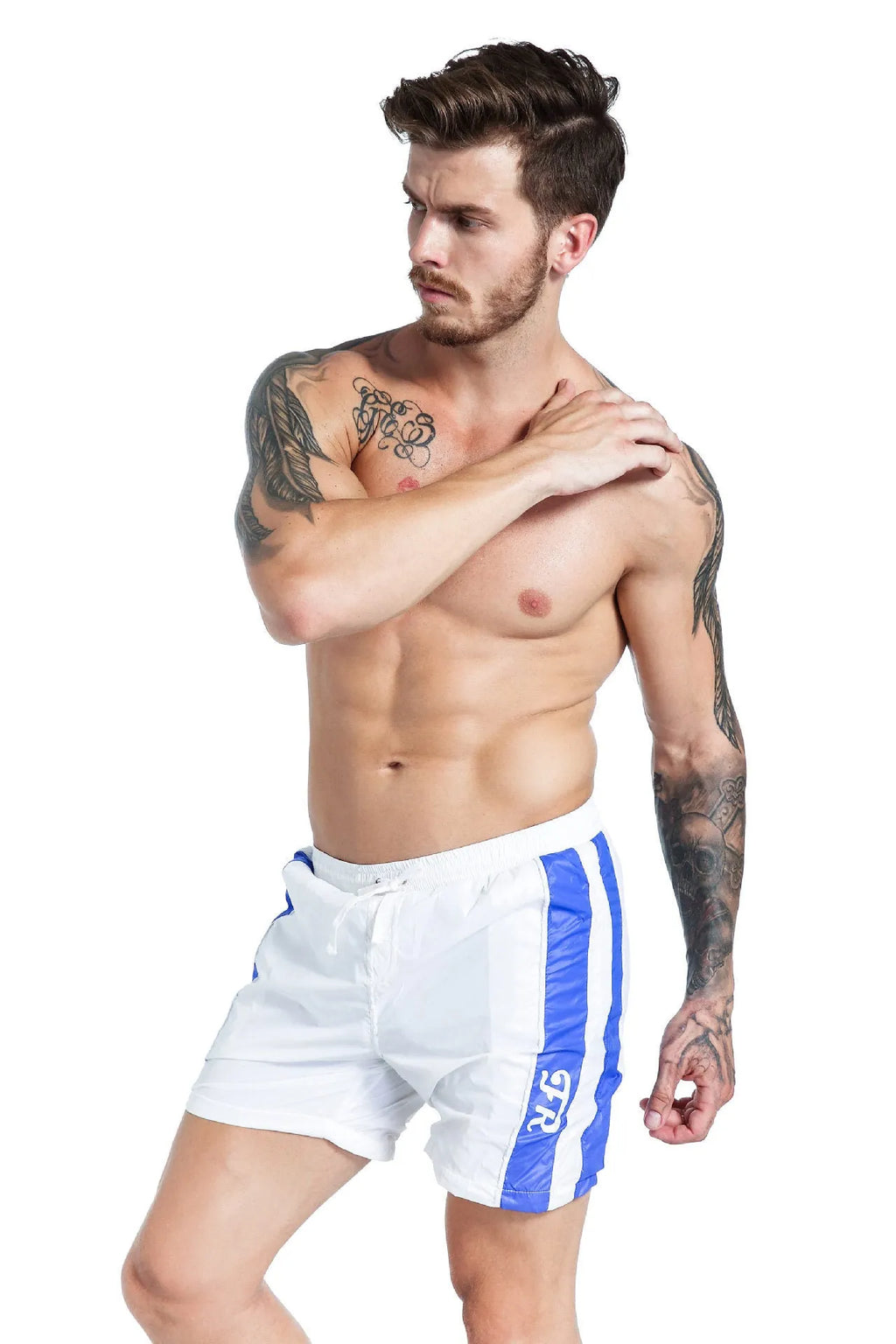 Men's blue sports shorts with lace-up closure and integrated padding for running and table tennis protection