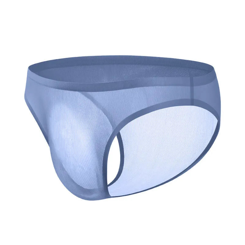 Men's black striped seamless ice silk underwear briefs laid flat, showing low waist and thin fabric.