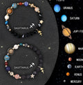 Set of two natural stone beaded bracelets with zodiac charms on an adjustable fastening.