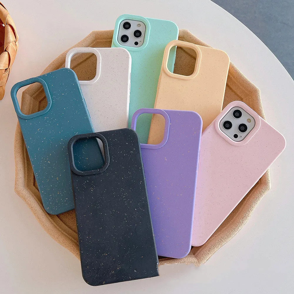 Biodegradable wheat straw fibre iPhone case showing rear protection and precise cutouts for cameras and ports