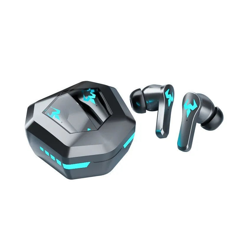 Black wireless in-ear stereo headset with 10m Bluetooth 5.0 range and bilateral audio for sports and gaming