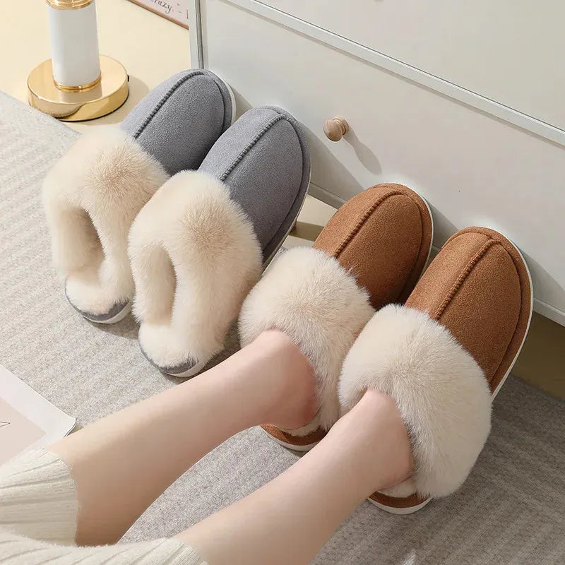 Women's brown plush indoor slippers with round toe, flat heel, and anti-slip PVC sole.