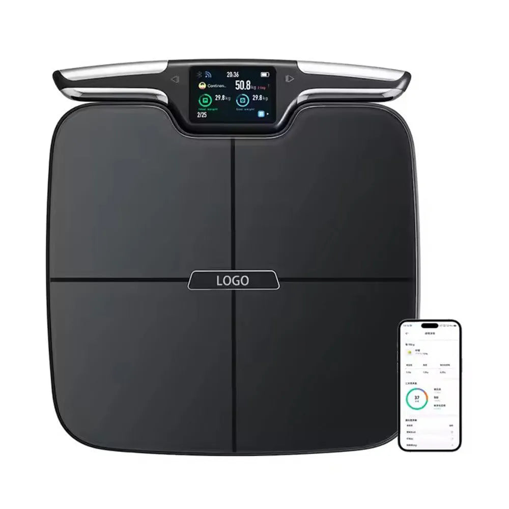 Black eight-electrode body fat scale measuring 45x45cm with built-in battery for weight, fat, calorie, and moisture tracking