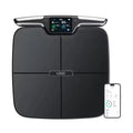 Black eight-electrode body fat scale measuring 45x45cm with built-in battery for weight, fat, calorie, and moisture tracking