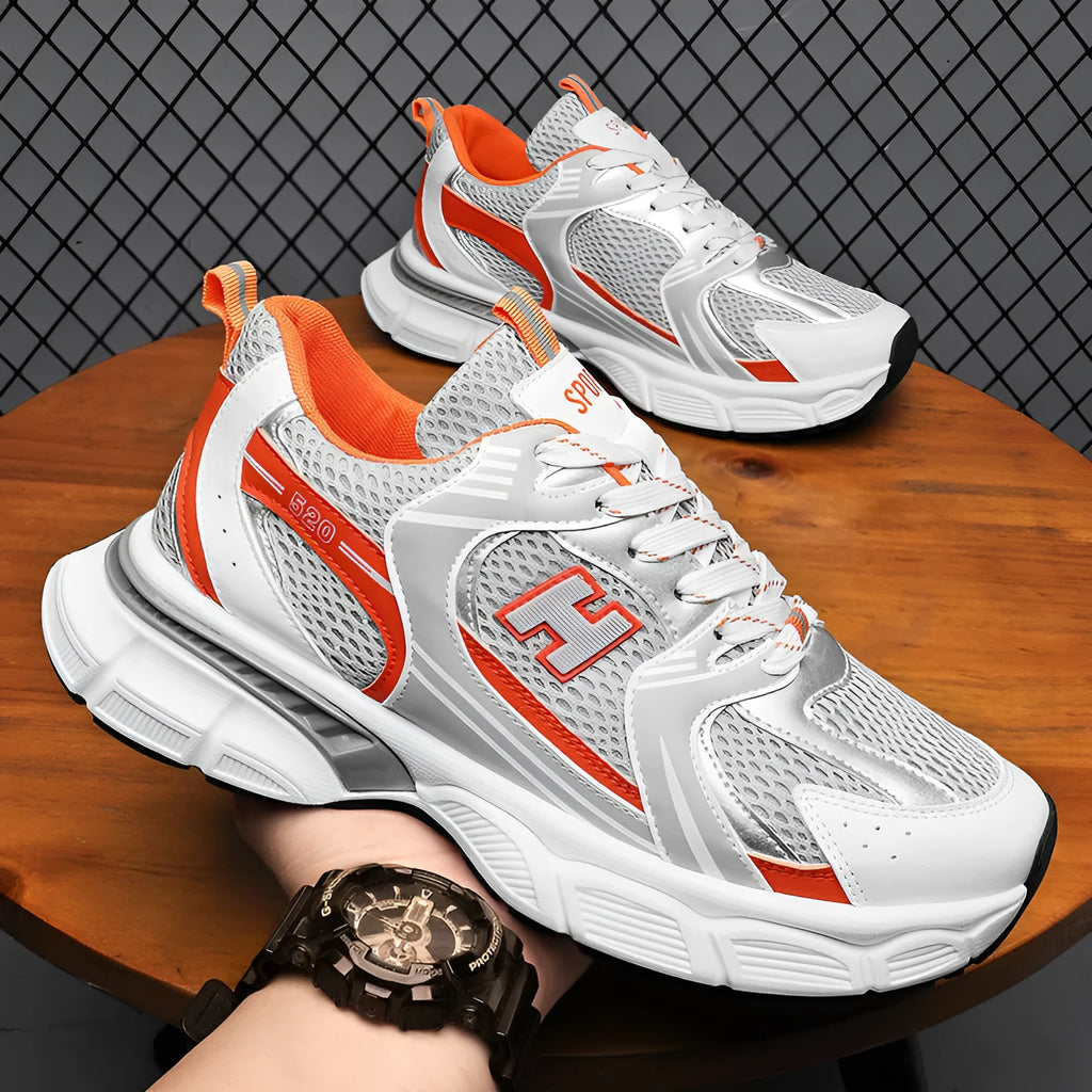 Men's mesh running shoes with plastic soles in three colour options showing round toe design
