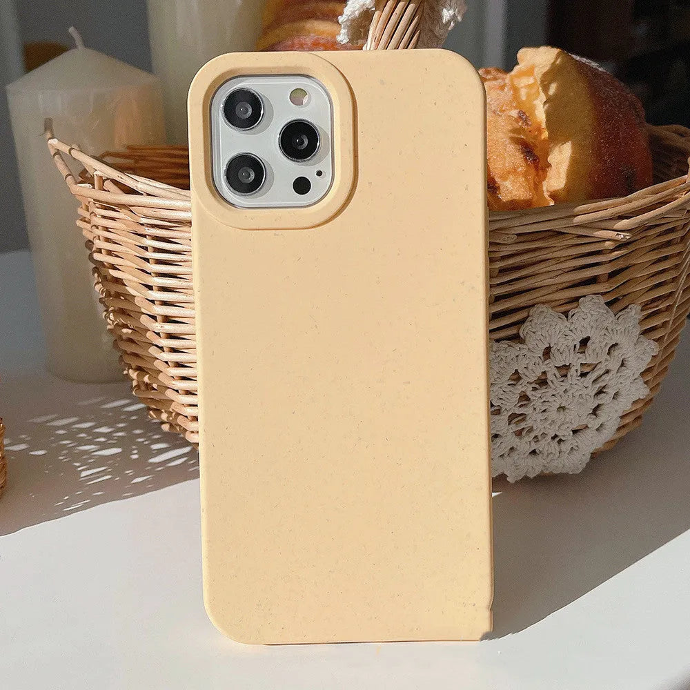 Biodegradable wheat straw fibre iPhone case showing rear protection and precise cutouts for cameras and ports