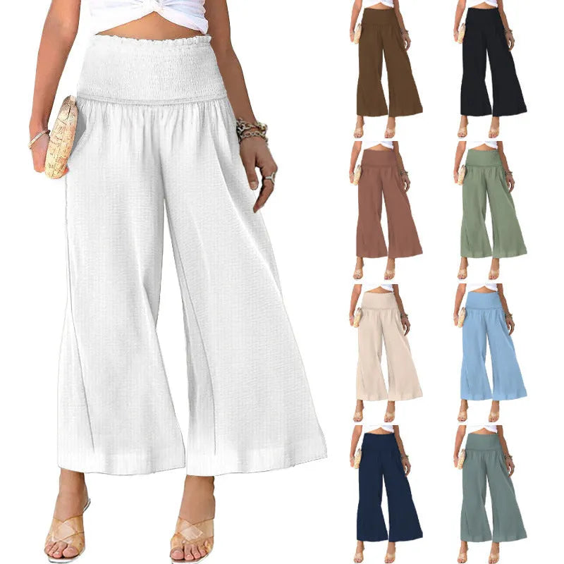 Women's high waist pleated cotton trousers in straight-leg cropped style with micro elasticity