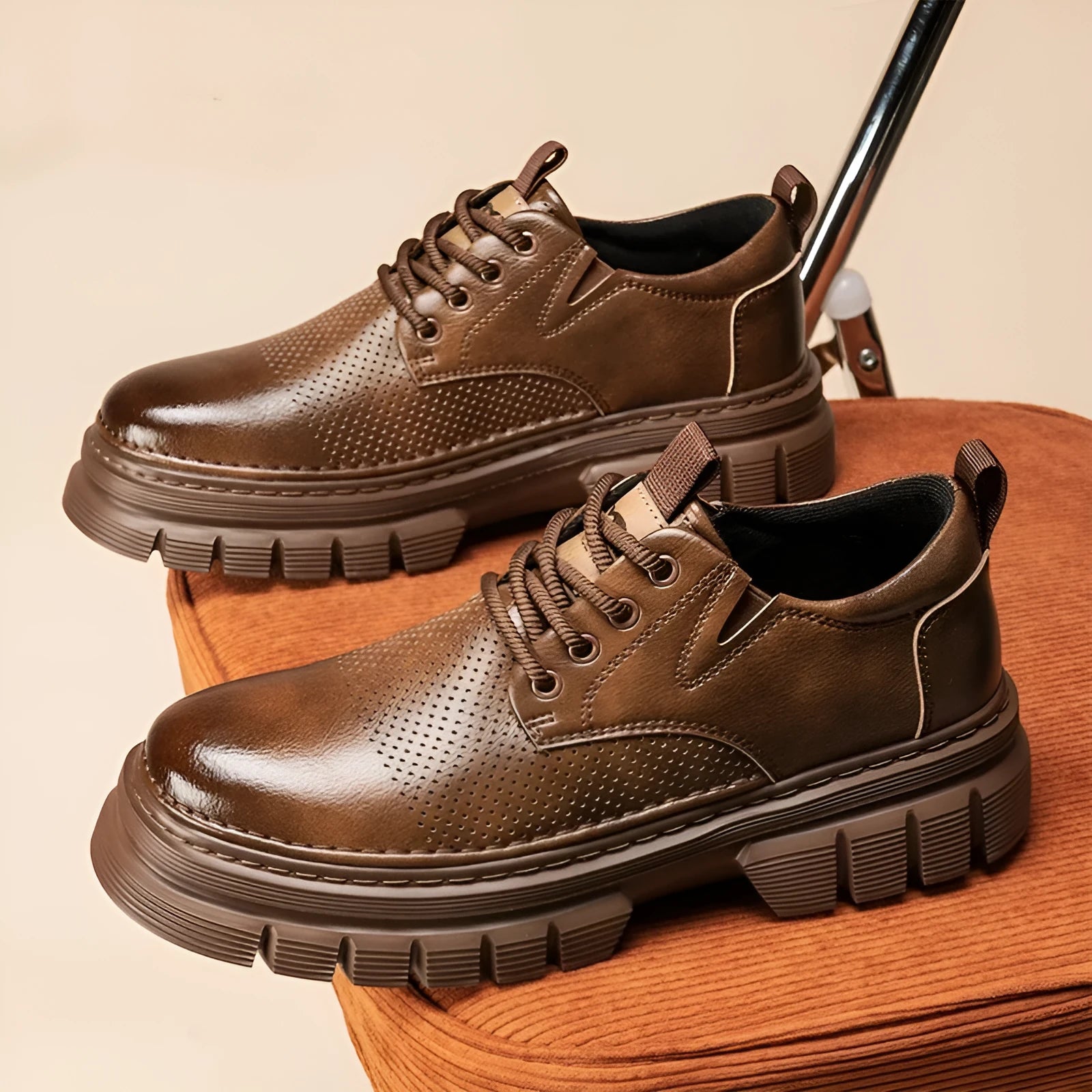 Men's black and brown genuine leather platform lace-up shoes with a low rubber sole.