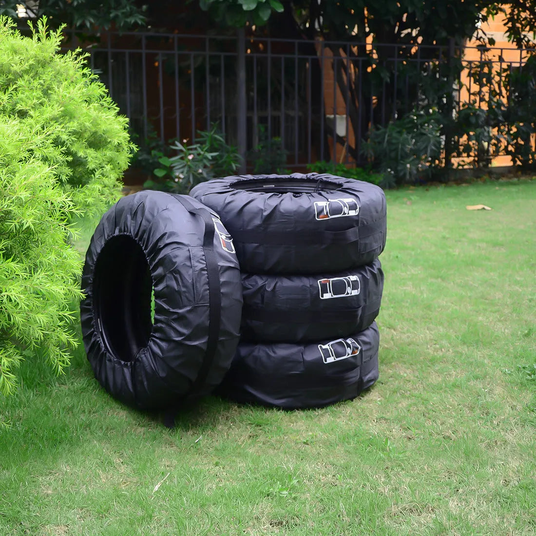 Set of four Oxford Cloth polyester car tyre protective covers in Black Belt and Red Belt styles, shown in S and L sizes.