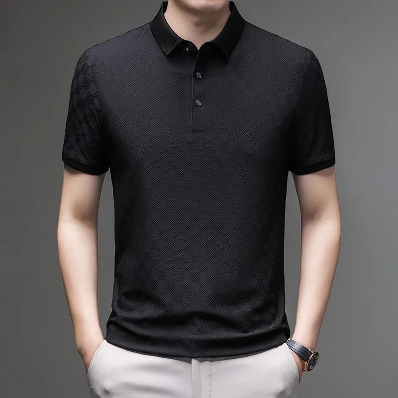 Rhombus thin ice silk short sleeve t-shirt in black, green, or brown with slit design and lightweight fabric