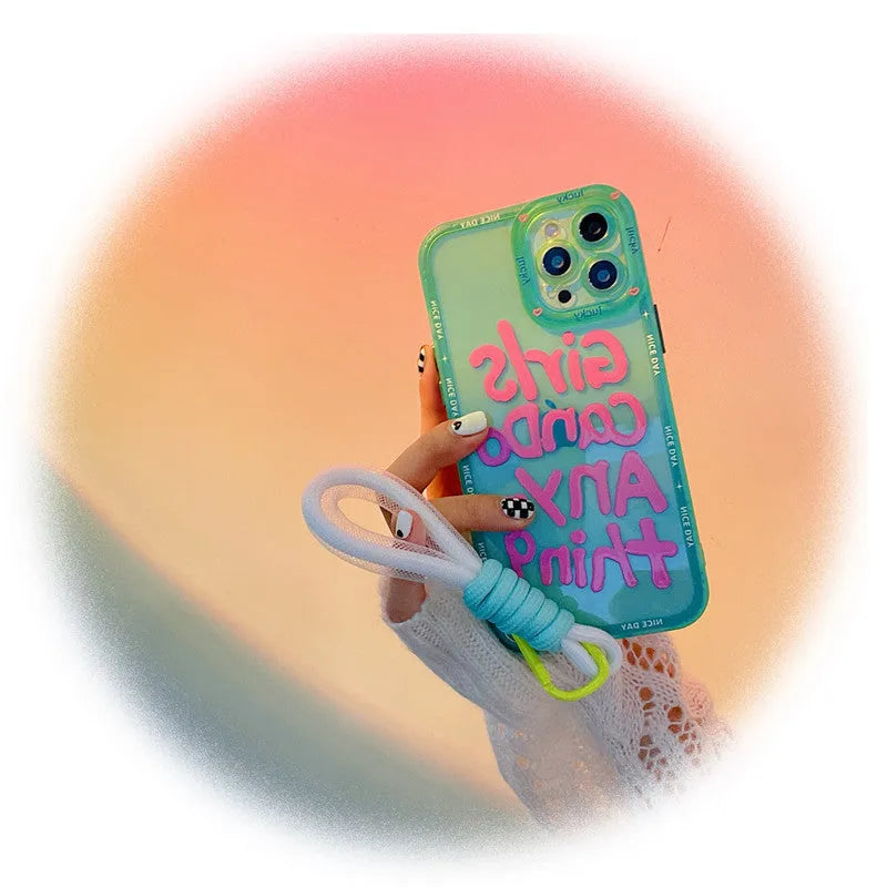 Graffiti design personalised TPU phone case with attached lanyard for Apple iPhone in mint green colour