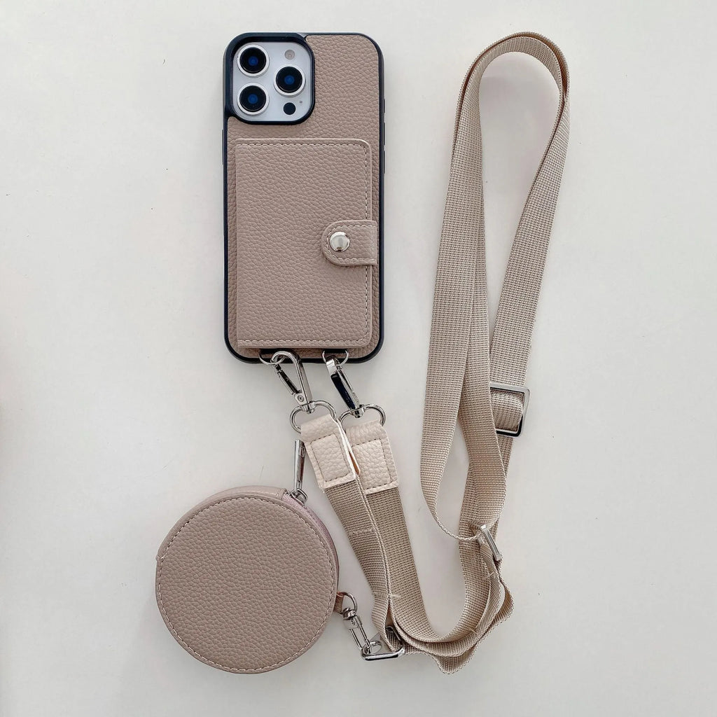 Black PC leather card holder phone case for iPhone with lanyard loop and card slots visible.