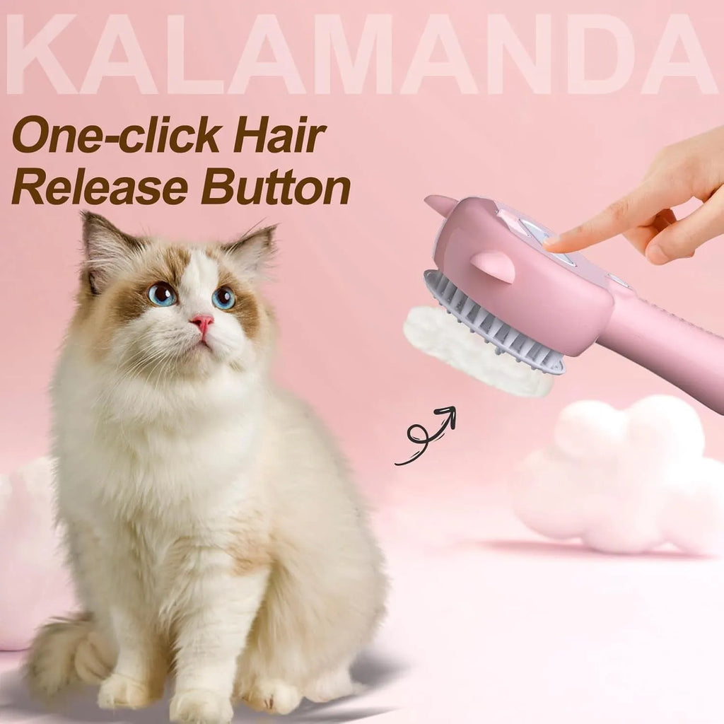 Cat steam brush with blue handle, rubber bristles, and one-click release button for pet grooming