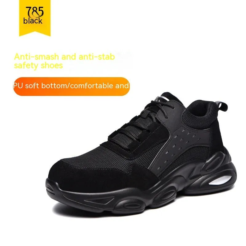 Black Mesh Breathable Labour Insurance Shoes with PU sole on a grey background, showing anti-smash toe protection