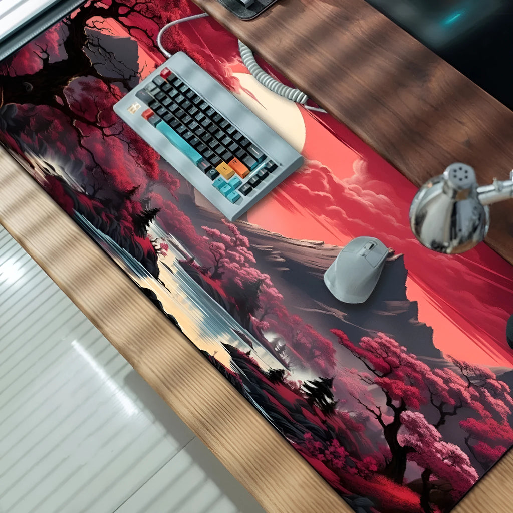 Anime pattern gaming mouse pad with non-slip rubber base in multiple size options on desk